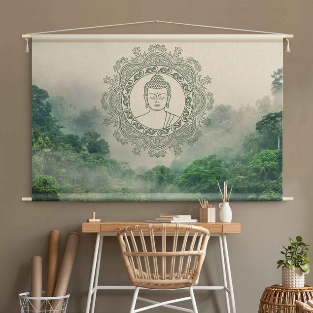 Wandbehang Stoffbild Buddha Mandala im Nebel