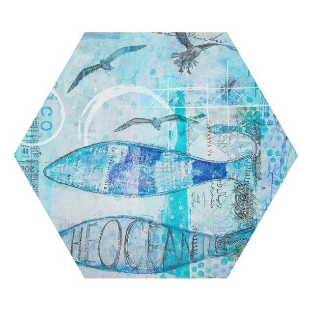 Hexagon-Alu-Dibond Bild - Bunte Collage - Blaue Fische