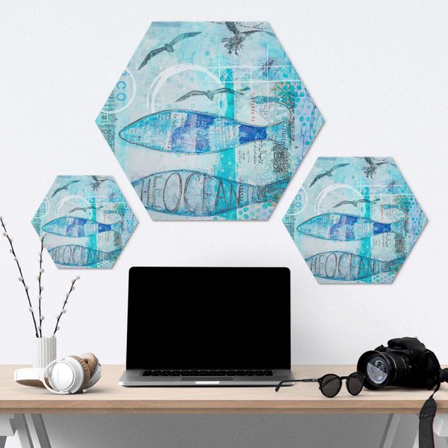 Hexagon-Alu-Dibond Bild - Bunte Collage - Blaue Fische
