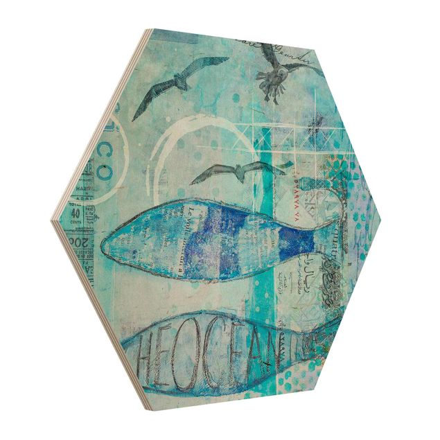 Hexagon-Holzbild - Bunte Collage - Blaue Fische