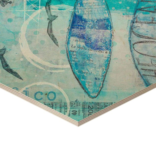 Hexagon-Holzbild - Bunte Collage - Blaue Fische