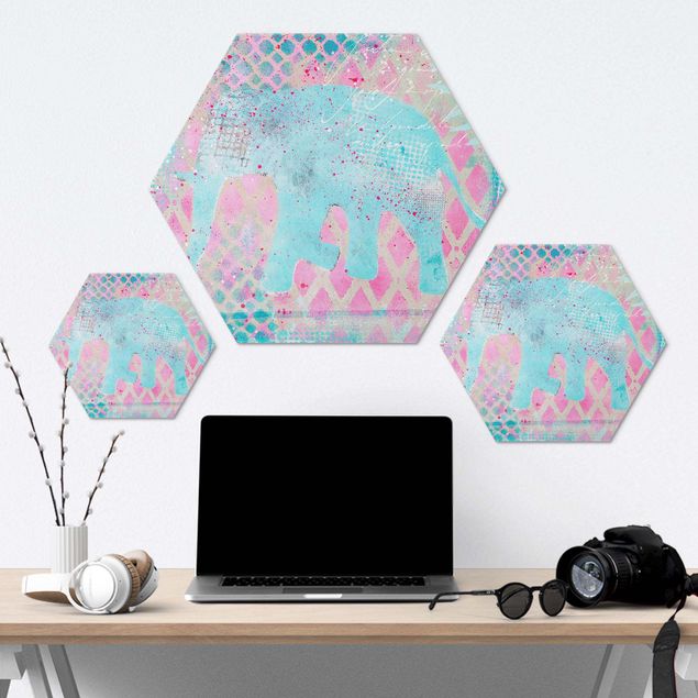 Hexagon-Alu-Dibond Bild - Bunte Collage - Elefant in Blau und Rosa