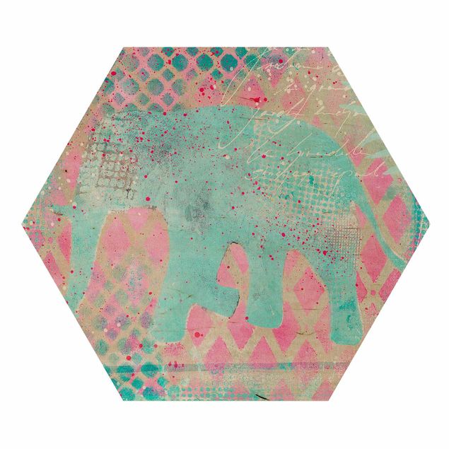 Hexagon-Holzbild - Bunte Collage - Elefant in Blau und Rosa
