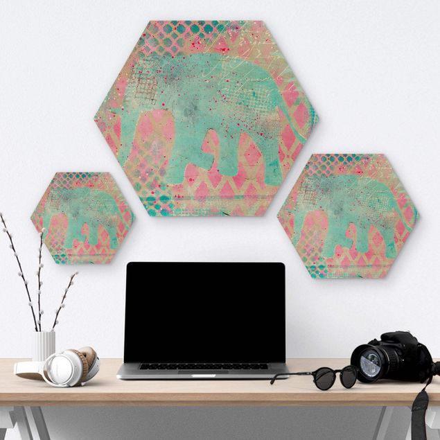 Hexagon-Holzbild - Bunte Collage - Elefant in Blau und Rosa