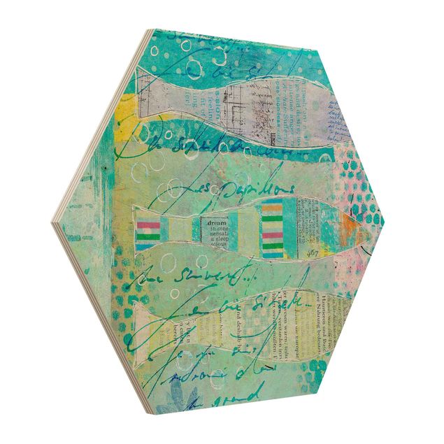 Hexagon-Holzbild - Bunte Collage - Fische und Punkte