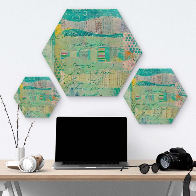 Hexagon-Holzbild - Bunte Collage - Fische und Punkte