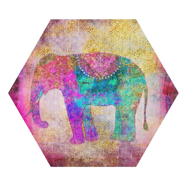 Hexagon-Alu-Dibond Bild - Bunte Collage - Indischer Elefant