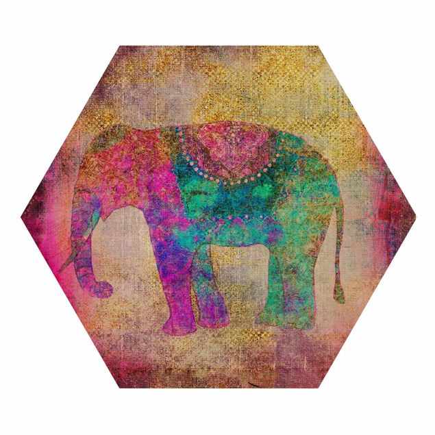 Hexagon-Holzbild - Bunte Collage - Indischer Elefant