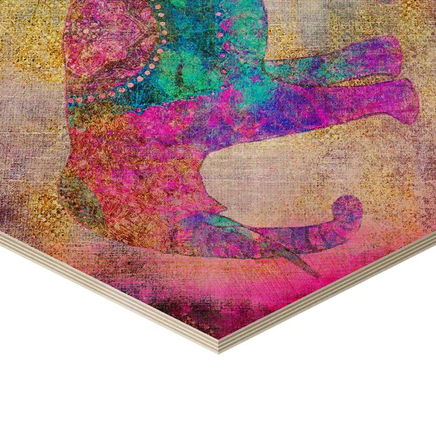 Hexagon-Holzbild - Bunte Collage - Indischer Elefant