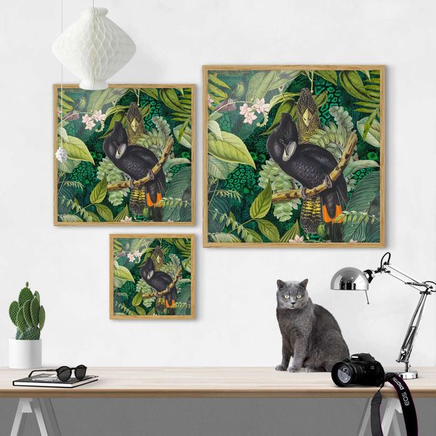 gerahmte Bilder Bunte Collage - Kakadus im Dschungel