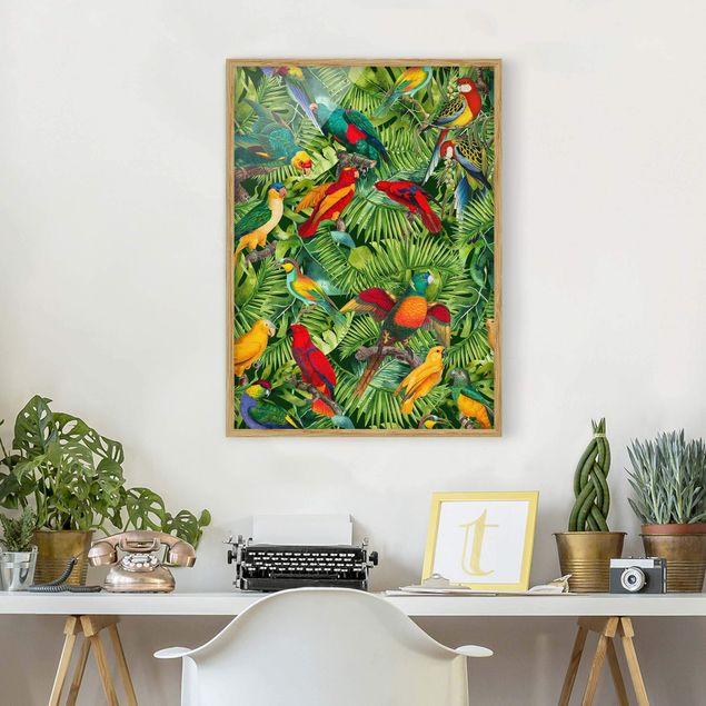 Moderne Bilder mit Rahmen Bunte Collage - Papageien im Dschungel