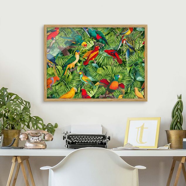 Moderne Bilder mit Rahmen Bunte Collage - Papageien im Dschungel
