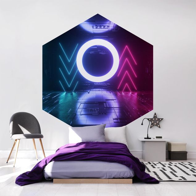 Hexagon Mustertapete selbstklebend - Bunte Neonlichter