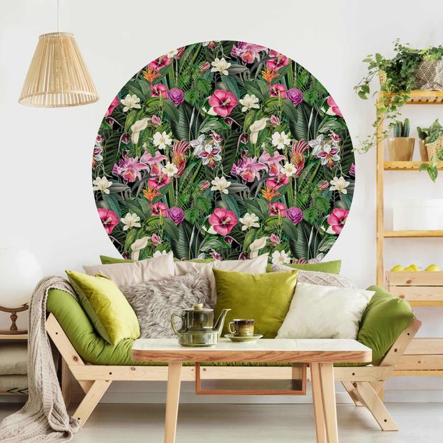 Tapete Urwald Bunte tropische Blumen Collage