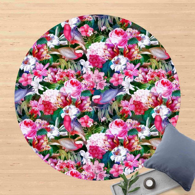 Teppich modern Bunte Tropische Blumen mit Vögeln Pink