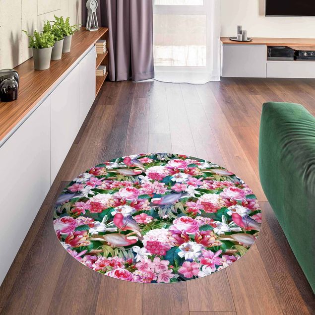 teppich mit blumenmuster Bunte Tropische Blumen mit Vögeln Pink