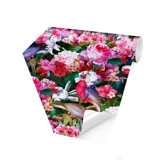 Design Tapeten Bunte Tropische Blumen mit Vögeln Pink