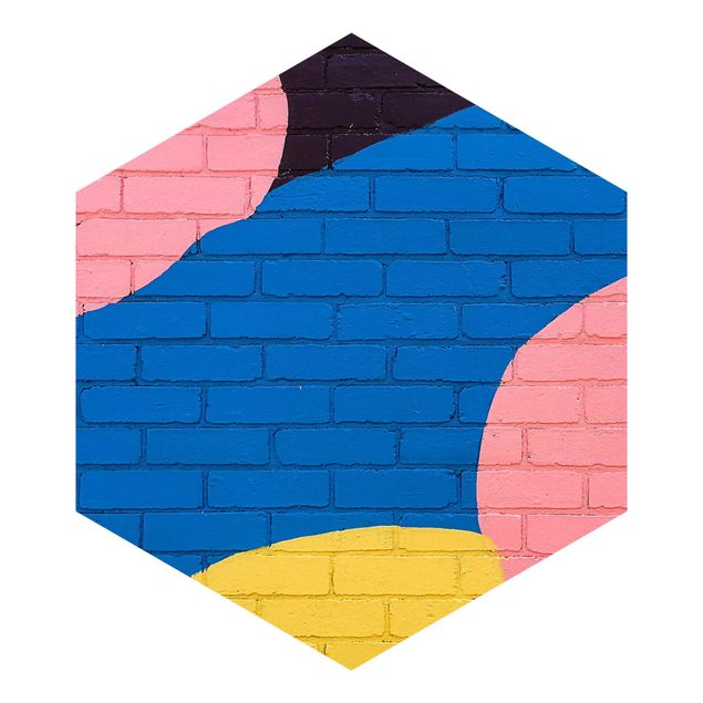Hexagon Mustertapete selbstklebend - Bunte Ziegelwand in Blau und Rosa
