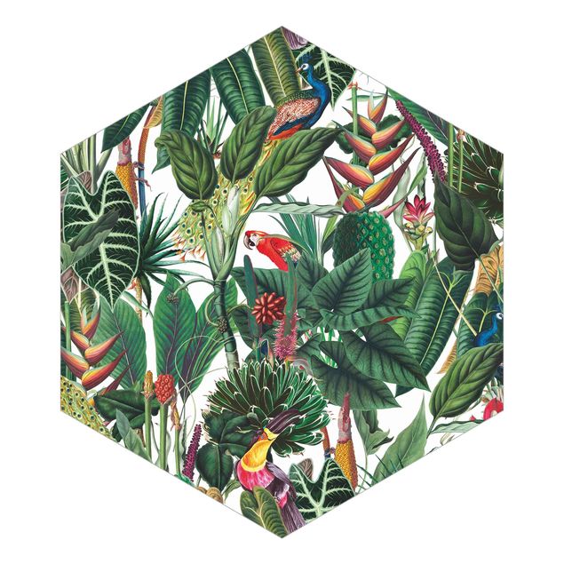 Hexagon Mustertapete selbstklebend - Bunter tropischer Regenwald Muster