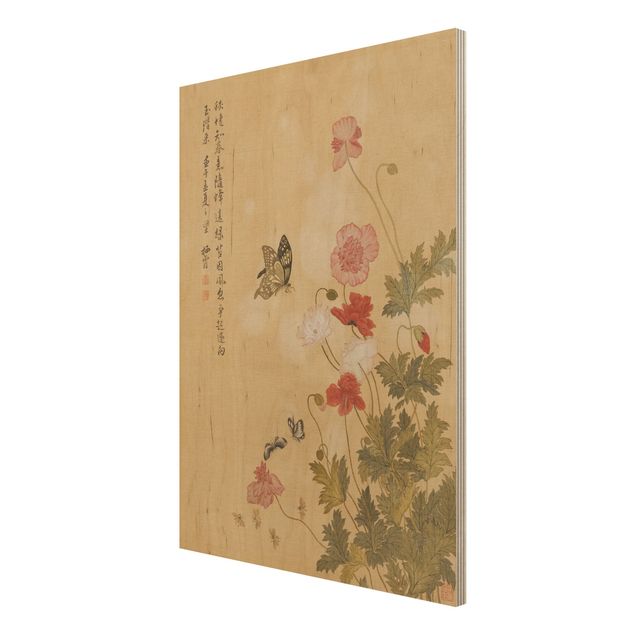 Holzbild - Yuanyu Ma - Mohnblumen und Schmetterlinge - Hochformat 4:3