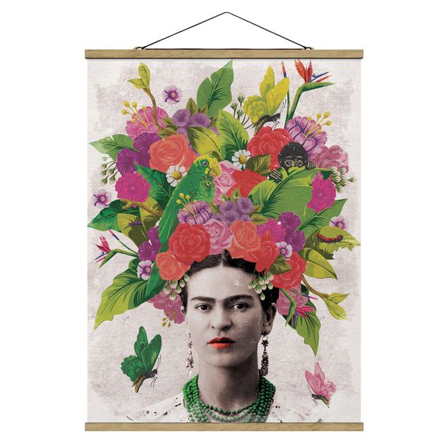 Stoffbild mit Posterleisten - Frida Kahlo - Blumenportrait - Hochformat 3:4