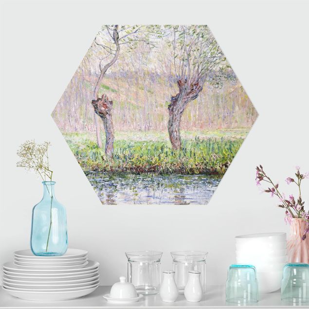 Hexagon Bild Alu-Dibond - Claude Monet - Weidenbäume Frühling
