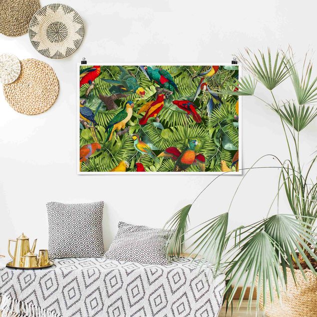 Tierposter Bunte Collage - Papageien im Dschungel