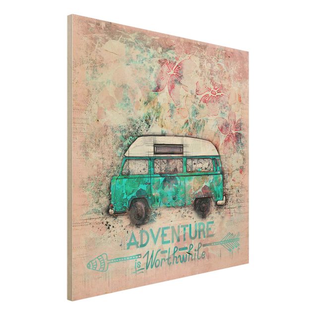 Holzbilder mit Sprüchen Bulli Adventure Collage Pastell