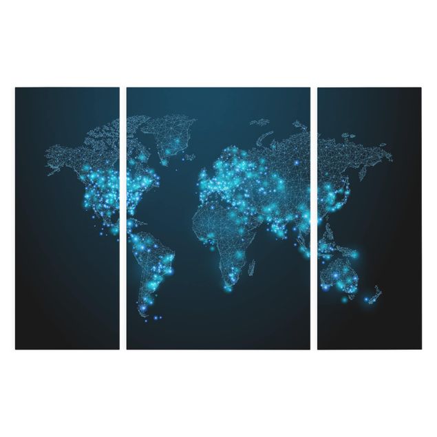 Leinwandbild 3-teilig - Connected World Weltkarte - Tryptichon