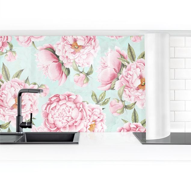 Küchenrückwand selbstklebend Rosa Blumen auf Mint als Aquarell