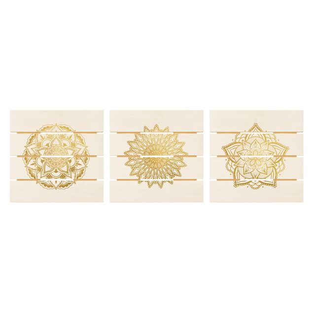 Holzbild 3-teilig - Mandala Blüte Sonne Illustration Set Gold - Quadrate 1:1