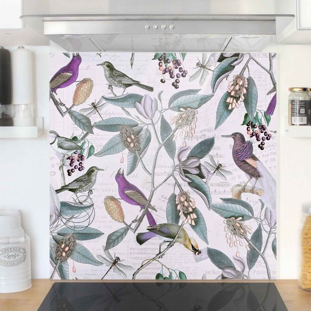 Glasrückwand Küche Blumen Vintage Collage - Nostalgische Vögel