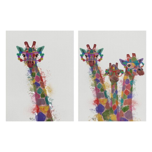 Leinwandbild 2-teilig - Regenbogen Splash Giraffen Set I - Hoch 4:3
