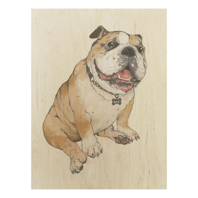 Holzbild - Illustration Hund Bulldogge Malerei - Hochformat 4:3