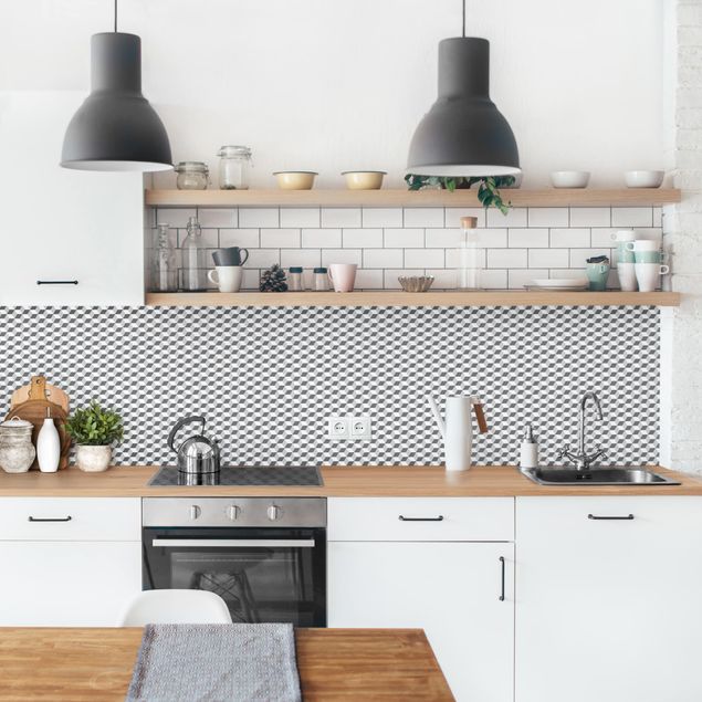Wandpaneele Küche Geometrischer Fliesenmix Würfel Grau