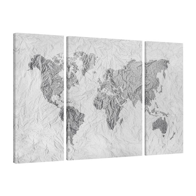 Leinwandbild 3-teilig - Papier Weltkarte Weiß Grau - Tryptichon