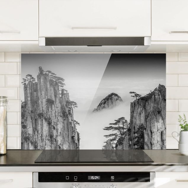 Glasrückwand Küche Wald Felsen im Nebel schwarz-weiß