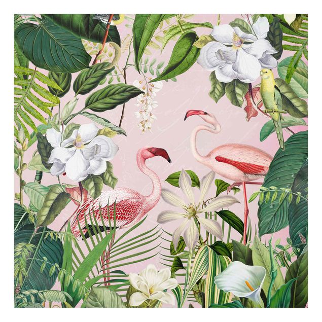 Küchenspritzschutz Tropische Flamingos mit Pflanzen in Rosa