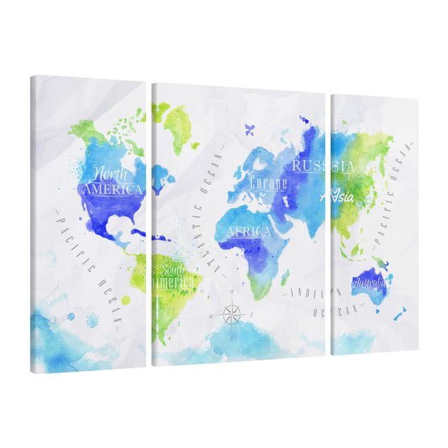 Leinwandbild 3-teilig - Weltkarte Aquarell blau grün - Tryptichon
