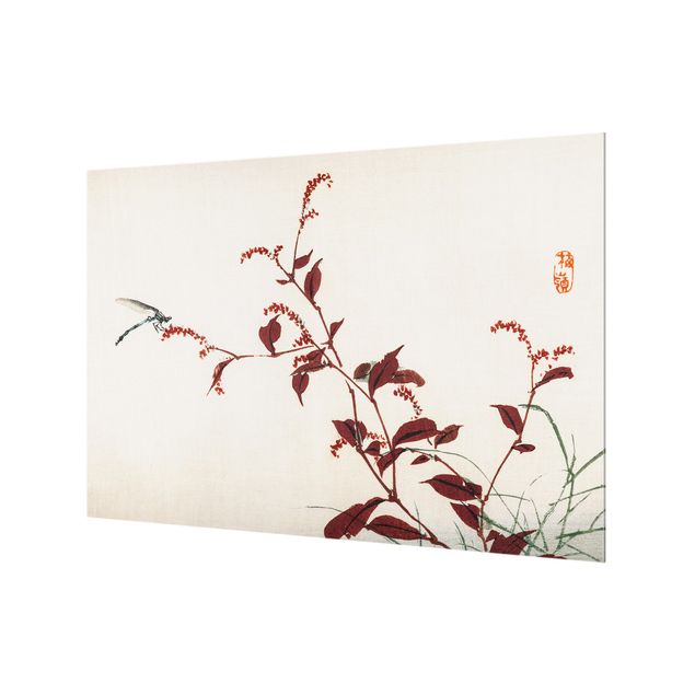 Spritzschutz Glas - Asiatische Vintage Zeichnung Roter Zweig mit Libelle - Querformat - 3:2