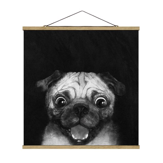 Stoffbild mit Posterleisten - Laura Graves - Illustration Hund Mops Malerei auf Schwarz Weiß - Quadrat 1:1