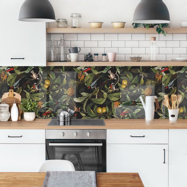 Wandpaneele Küche Vögel mit Ananas Grün I