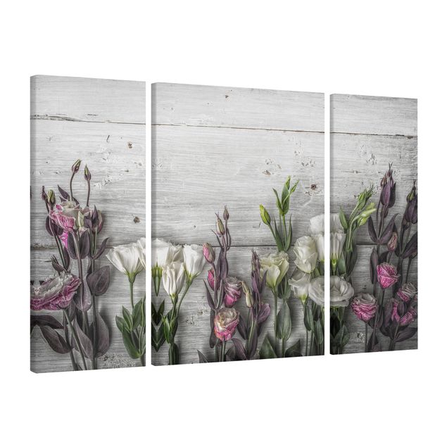 Leinwandbild 3-teilig - Tulpen-Rose Shabby Holzoptik - Triptychon