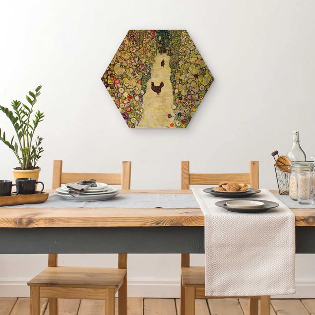 Holzbilder Blumen Gustav Klimt - Gartenweg mit Hühnern