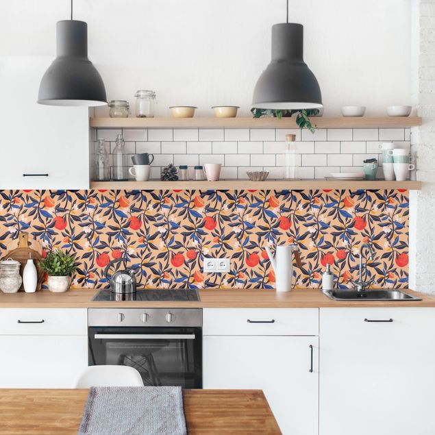 Wandpaneele Küche Orangen mit Blätterranken