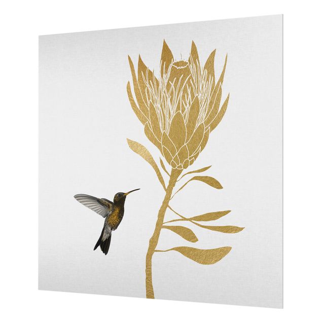 Spritzschutz Glas - Kolibri und tropische goldene Blüte - Quadrat 1:1