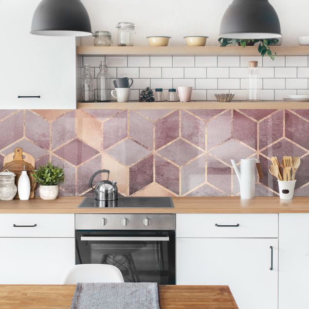 Wandpaneele Küche Rosa Grau goldene Geometrie