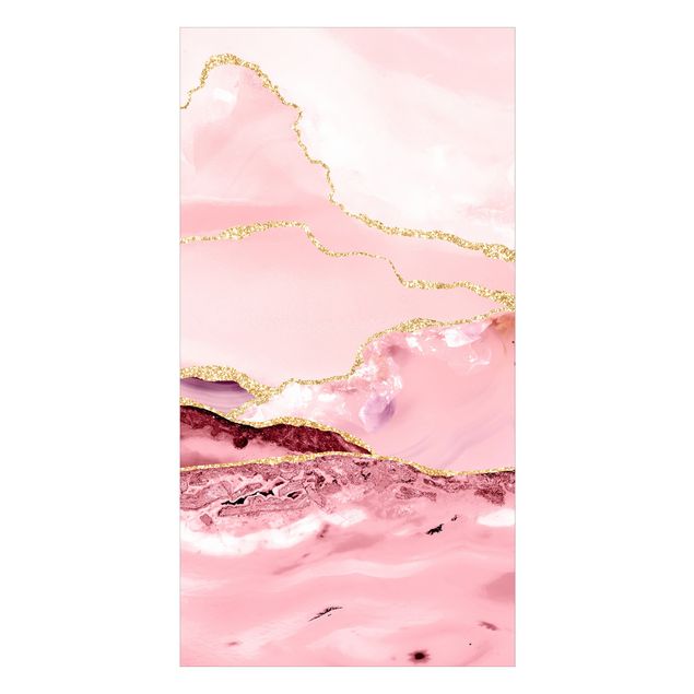 Duschrückwand - Abstrakte Berge Rosa mit Goldenen Linien