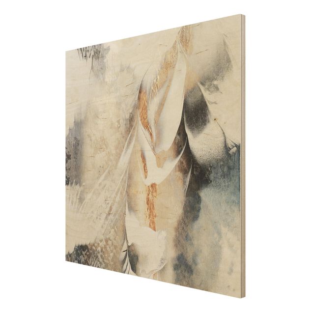 Holzbild - Goldene abstrakte Wintermalerei - Quadrat 1:1