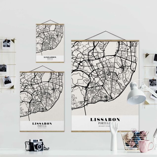 Stoffbild mit Posterleisten - Stadtplan Lissabon - Klassik - Hochformat 3:4